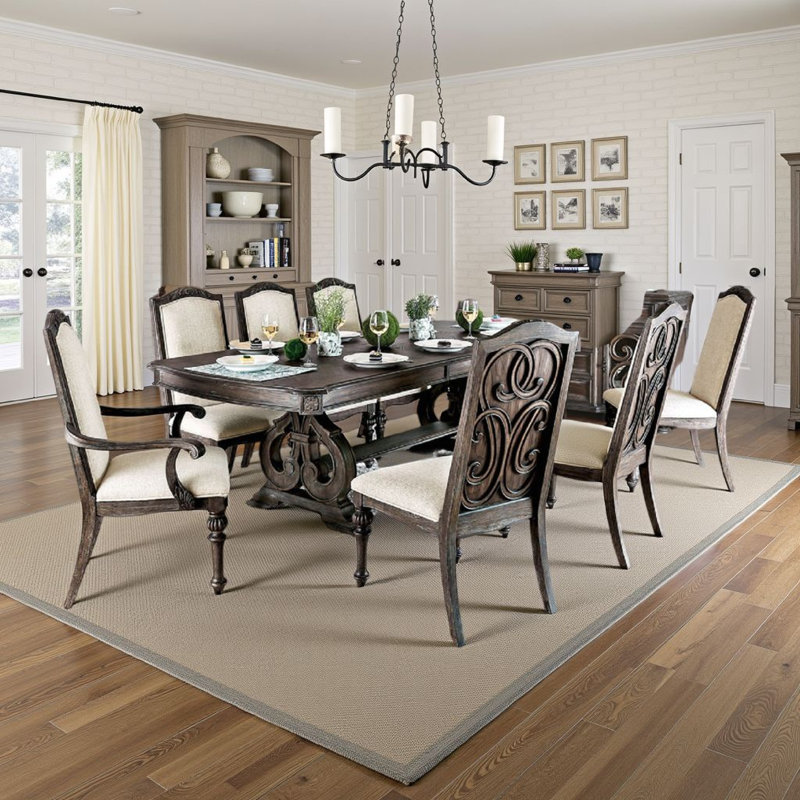 Arca 9Pc Dining Table Set With 8 Ivory Fabric Chair, Rustic Solid Wood
