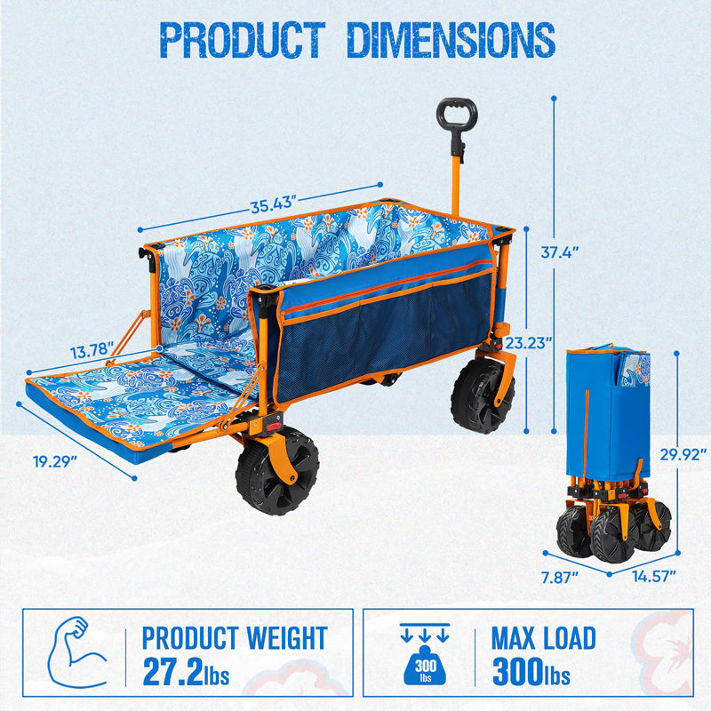 49 Inch Extended Extra Long Beach Wagon with Big Wheels, Blue