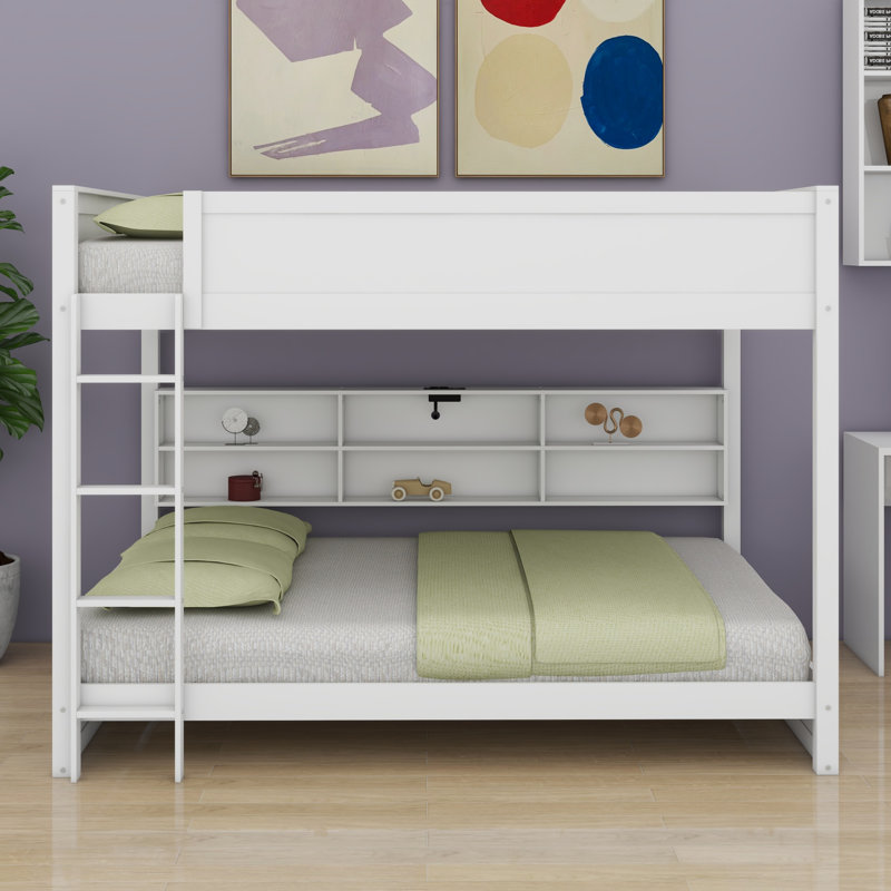 Lit superposé avec armoires de rangement et ports USB, blanc