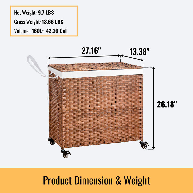 Natural Wicker Laundry Hamper with Lid and Removable Bags