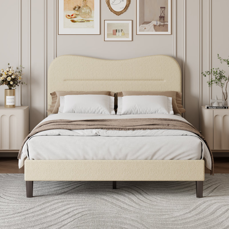 Bed Frame With Teddy Velvet Soft Curved Headboard, Platform Bed With Wooden Slats Support, Easy Assembly, Noise-free, White