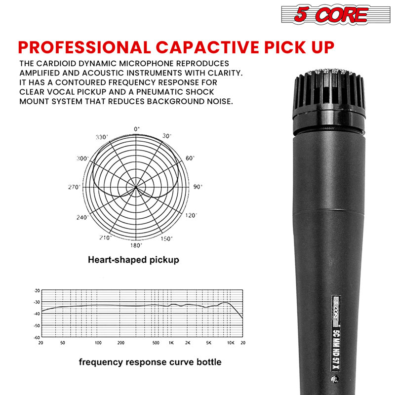 5 Core Microphone Professional Unidirectional Dynamic Neodymium Mic with On/Off Switch, Cable Clip