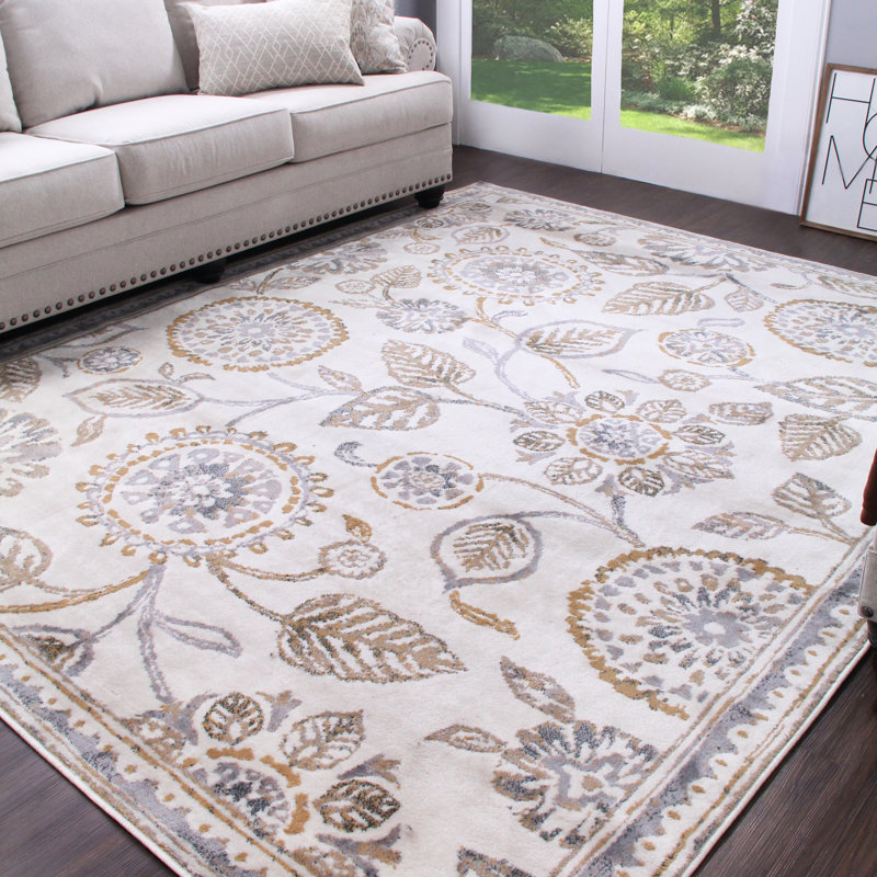 Modern Floral Farmhouse 100% Polypropylene Indoor Area Rug Gray/Beige, Rectangle 4' x 6'