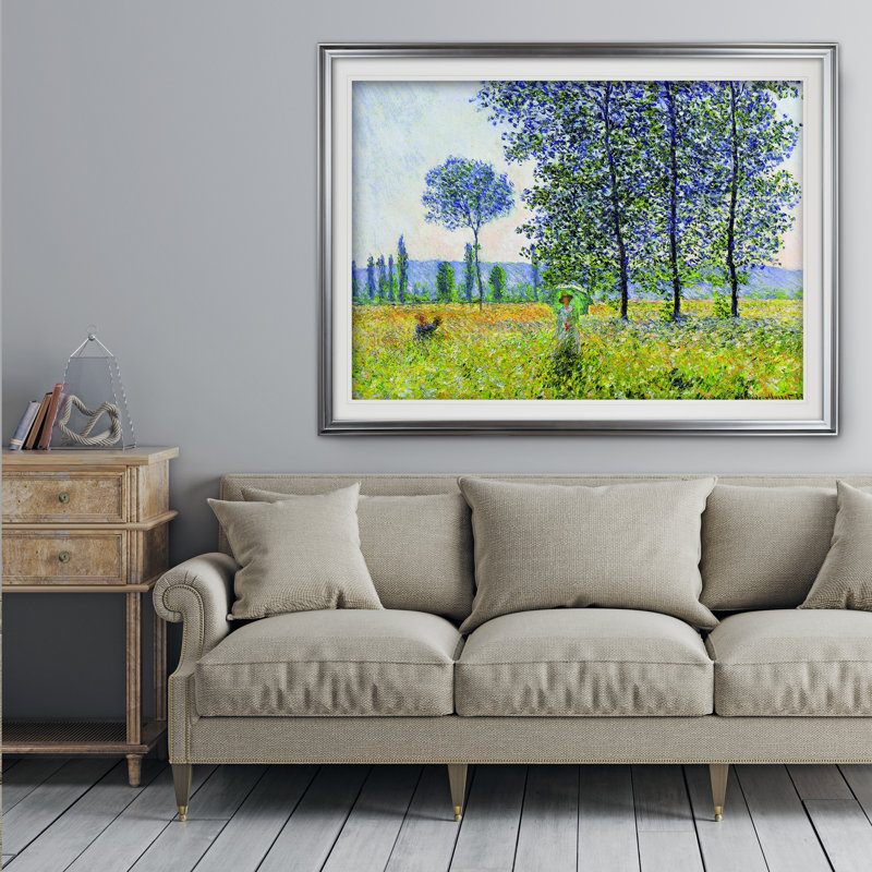 «Field in Spring», reproduction sur toile par Claude Monet, Impression encadrée, H 20 po x l 24 po, Argent argent
