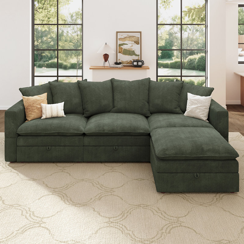 L-Shaped Corduroy Modular Sectional with Storage , Green Corduroy