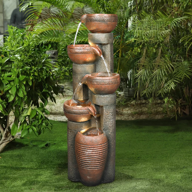 Haid Handcrafted Weather Resistant Waterfall Fountain with Lights, Brown