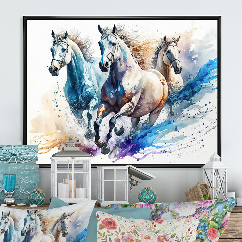 «Herd of Horses Courir IV», reproduction sur toile, L 32 po x H 24 po, Toile avec cadre flottant noir