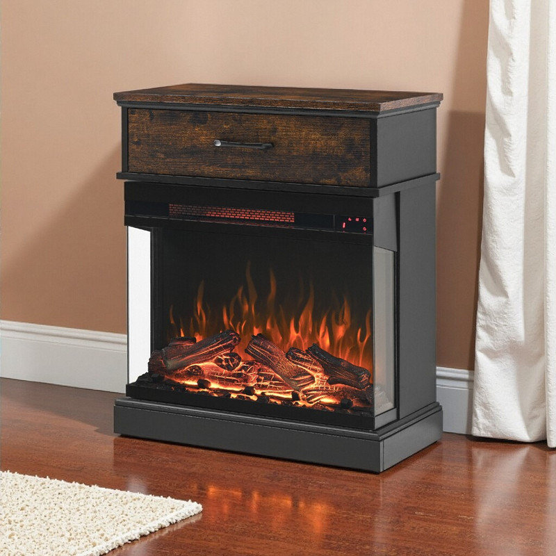25 Inch Electric Fireplace Stand Side Table With 3-Sided Glass & Storage Drawer Modern Farmhouse End Table