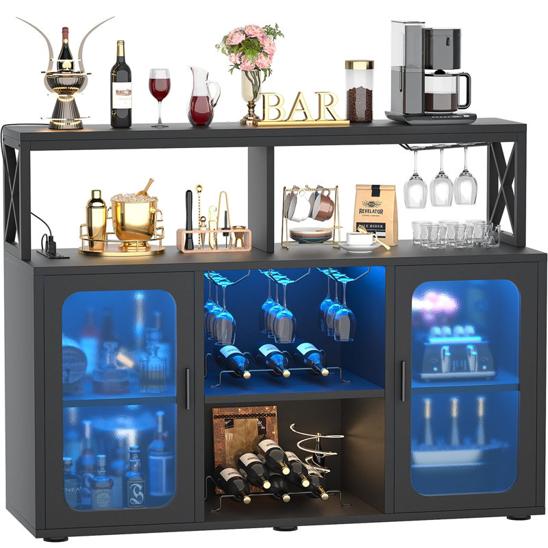 Bar avec prises de courant, armoire à boissons alcoolisées avec lumières à DEL et porte-verre, Noir