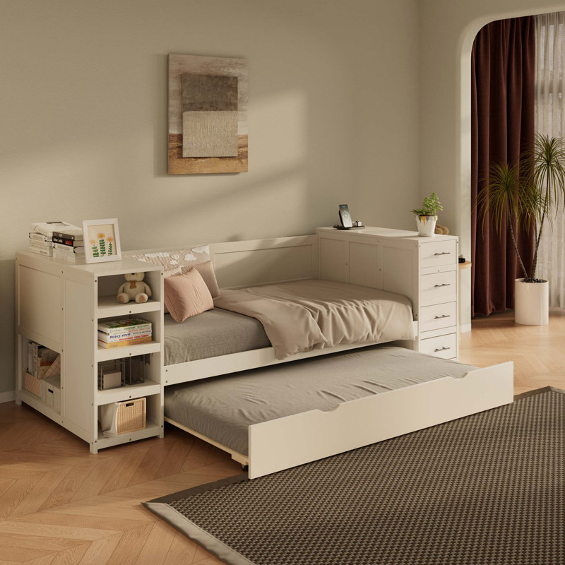 Wooden Daybed With Trundle And Side Shelves, Drawers, Storage Bed With Multi-Functional Desk And Charging Station
