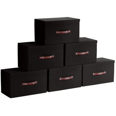 6 Pack Rectangle Storage Shelf Basket Bin with Lid and Leather Handles