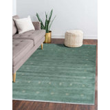 Green Hand-Knotted Wool Sparse Evergreen Motif Geometric Modern Contemporary Carpet Rug