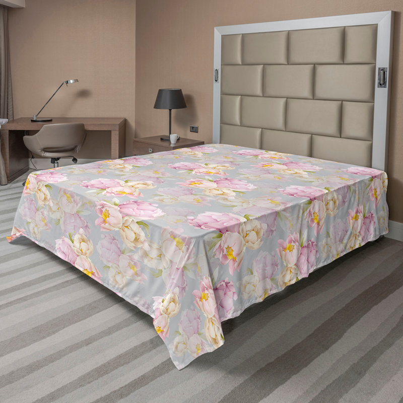 Ambesonne Flowers Flat Sheet Nostalgia Farmhouse, Pale Mauve Yellow and Green