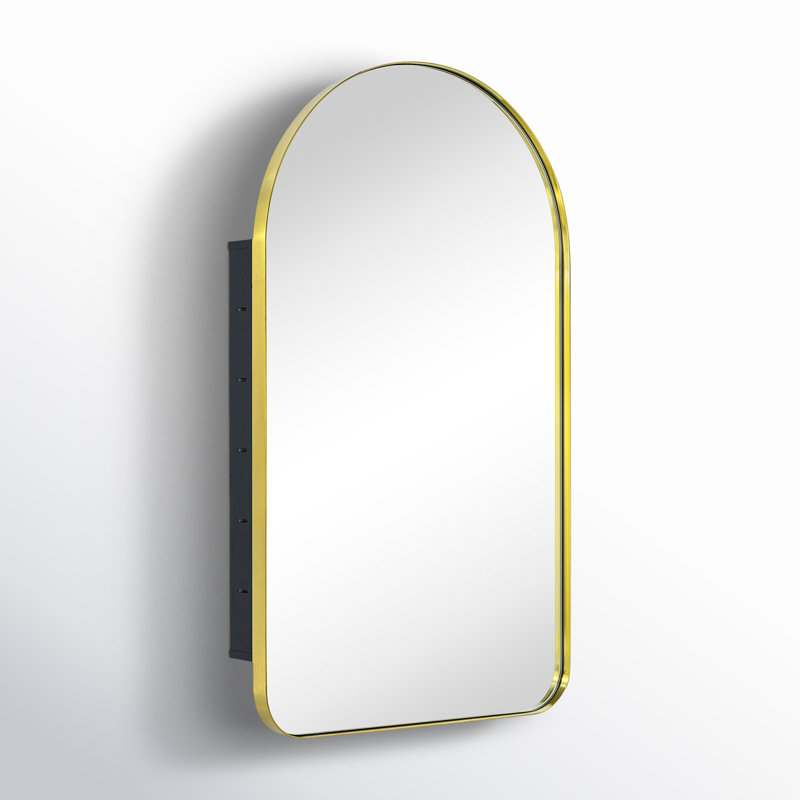 W H Recessed Framed Medicine Cabinet with Mirror and 2 Adjustable Shelves, Brushed Gold, 28.3" H x 16" W x 4.96" D