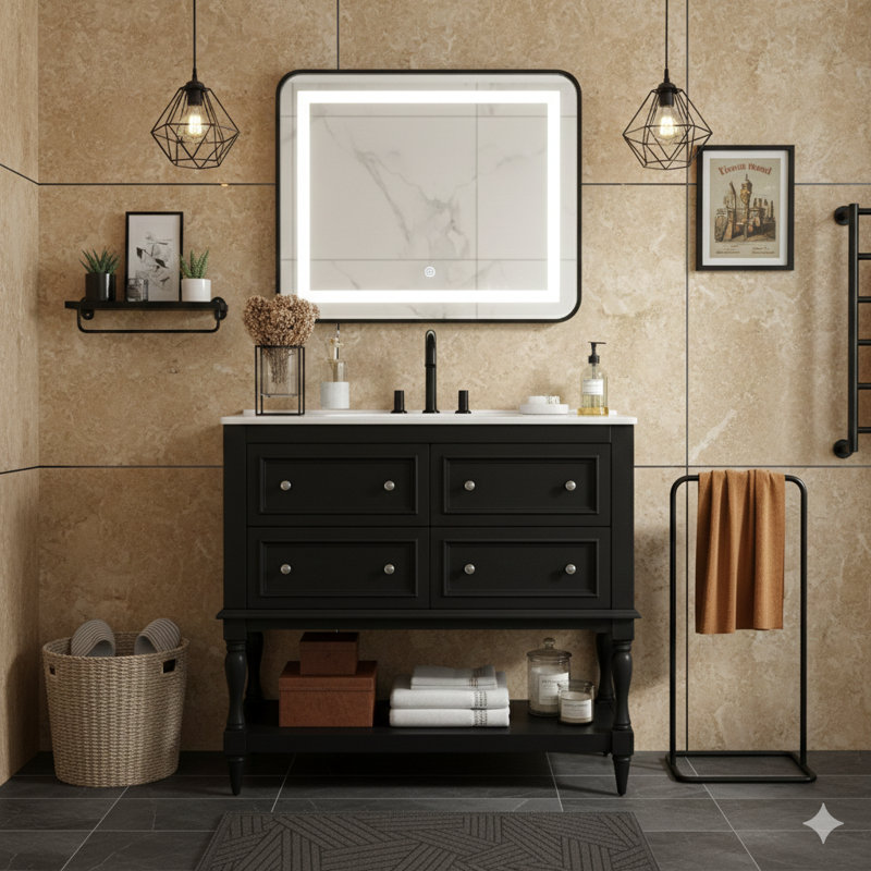 Ensemble de meuble-lavabo 36 po avec ensemble de meuble-lavabo, lavabo en céramique encastré, ensemble de meuble-lavabo autoportant à quatre tiroirs, armoire de salle de bain en bois massif noire