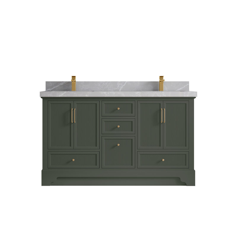 Meuble-lavabo double autoportant de 60 po avec plateau en quartz Alys (option poignées)