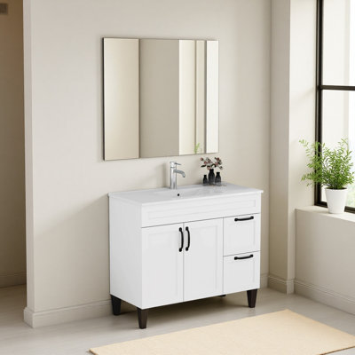 Meuble-lavabo de 100 cm avec lavabo intégré, armoire à 2 portes et 2 grands tiroirs, poignées en métal, pieds, charnières à fermeture douce, meuble de salle de bain moderne, montage facile