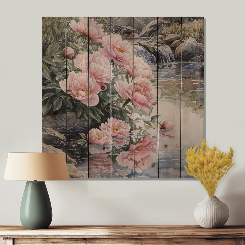 Pivoines près du ruisseau de montagne III - Art mural en bois pivoines - sur bois de pin naturel