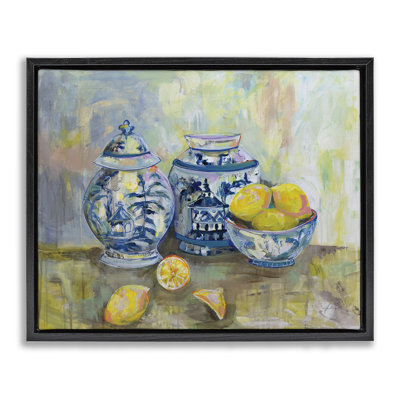 "Lemons & Pottery", peinture classique encadrée sur toile flottante par Jeanette Vertentes