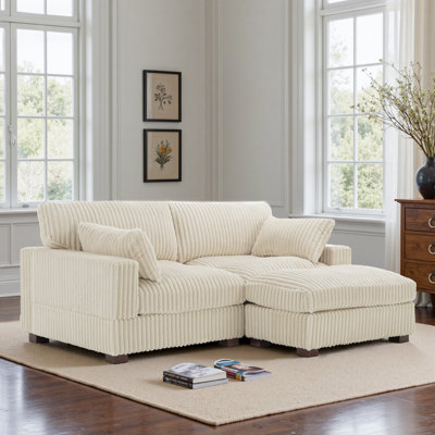 3 - Piece Upholstered White Faux Rabbit Fur Flannel Reversible Modular Sofa Living Room Sectional Couch with Ottoman