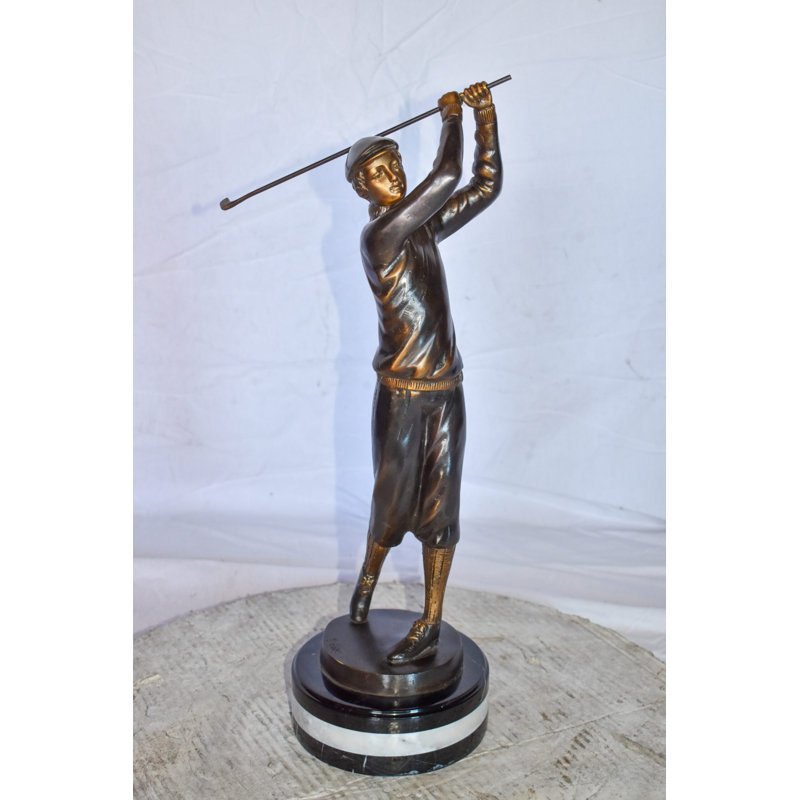 Evyonne Golfer In Action Bronze Statue Mounted on Marble Size: 11" x 5" x 23"H