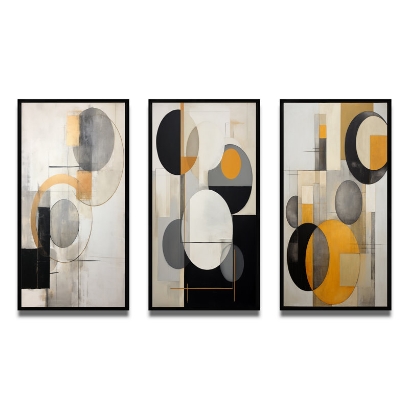 «Energy Of Possibilité Retro Circular Abstract IV», 3 pièces sur toile, Cadre flottant noir, H 32 po x l 48 po