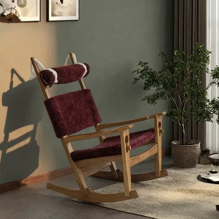 Chaise berçante simple en bois massif, Rouge vin