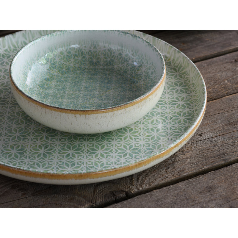 Uno Piece Stoneware Dinnerware Set - Service for 4, Green/Beige/Ivory