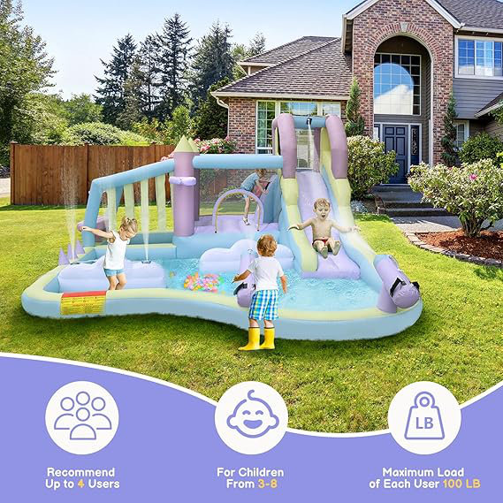 Jeu gonflable gonflable avec glissade d'eau, jet d'eau avec nuage et souffleur d'air de 750 W