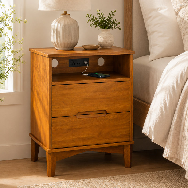  Mid-Century Modern Nightstand with Open Shelf and Charging Station, Honey Oak