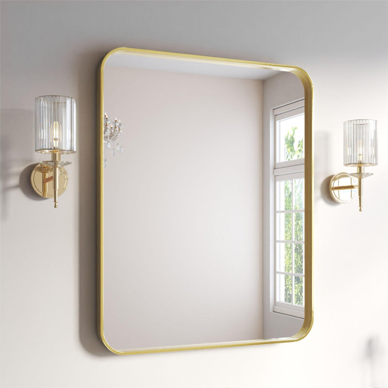 Élégant miroir encadré en aluminium avec coin arrondi pour une décoration intérieure élégante, Or brossé, Rectangulaire