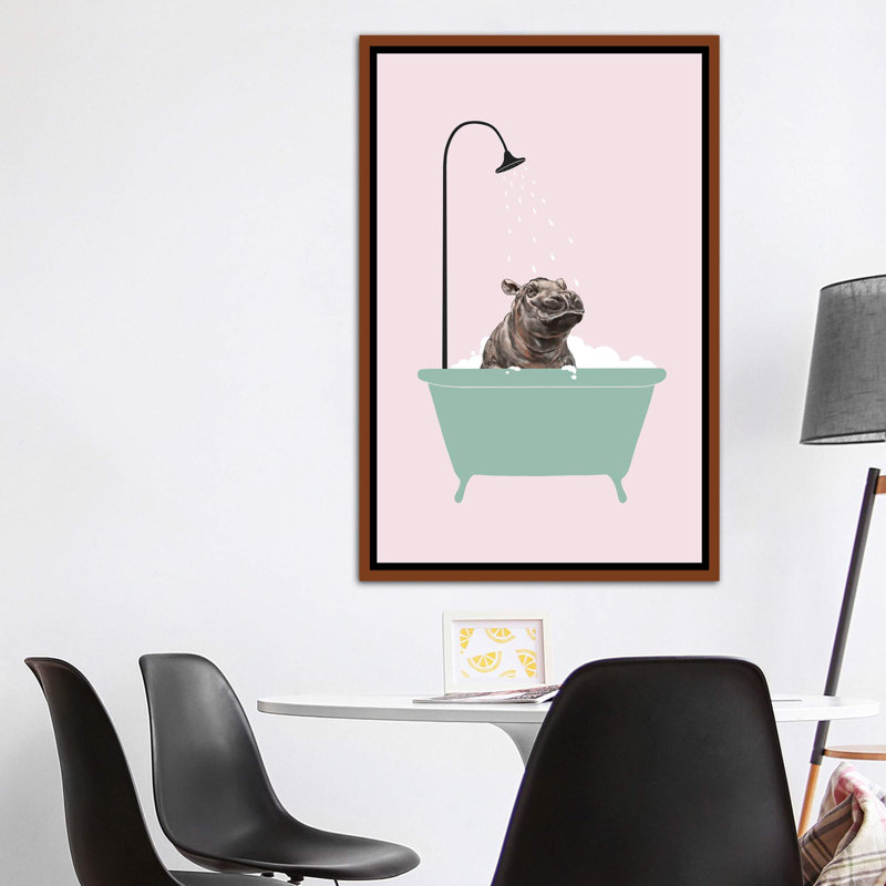 Hippopotame dans une baignoire, art encadré, H 60 po x l 40po x P 1,5 po, Toile avec cadre en bois classique