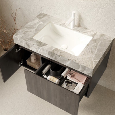 Meuble-lavabo 36 po, armoire de rangement en contreplaqué flottant avec tiroir et porte, comptoir en pierre frittée grise et lavabo en céramique avec 1 trou de robinet pré-percé, pré-assemblé