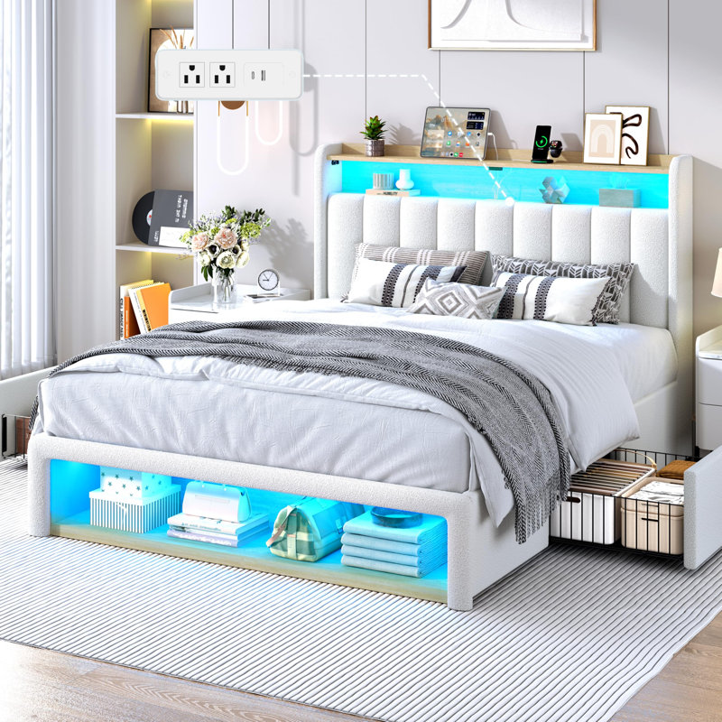 Modern RGB LED Lights Upholstered Platform Bed Frame with Wood Storage Headboard & USB Charging Ports, Noiseless Low Profile Footboard with Open Shelving. (Queen)
