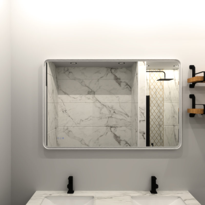 Miroir de salle de bain rectangulaire avec cadre à brouillard - Plus de 3000 lumens, fer blanc, luminosité réglable et température de couleur pour un look moderne Fonction de mémoire Réglages d'éclairage préférés