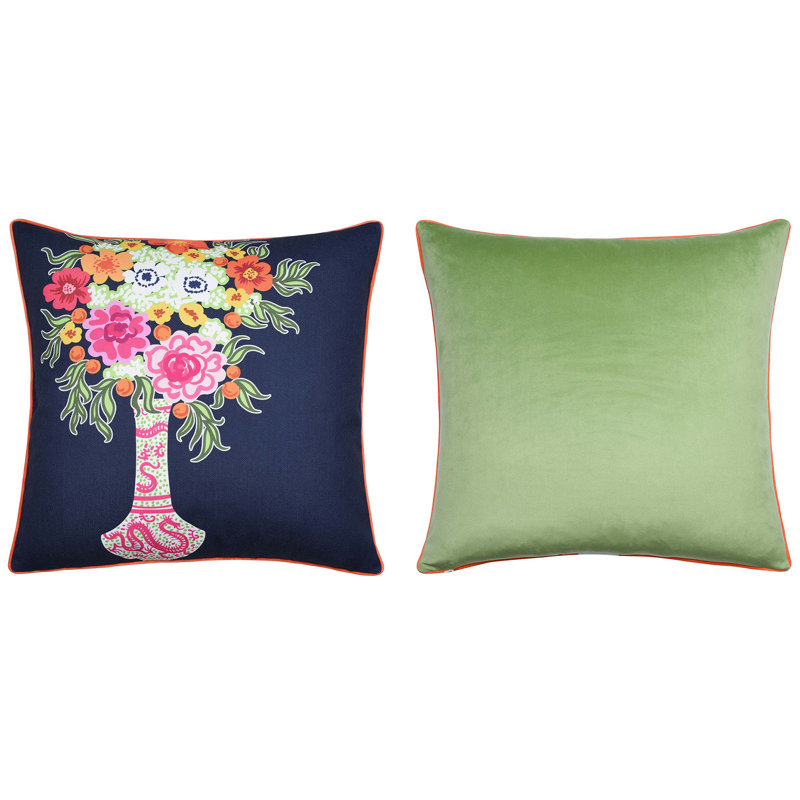 Floral Print and Green Velvet Double Sided Pillow
