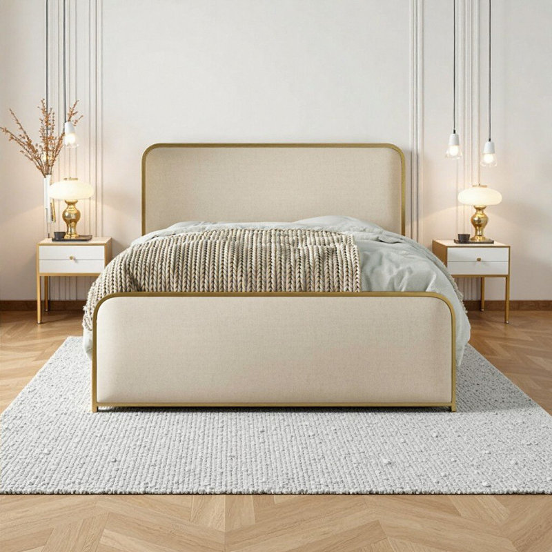 Cadre de lit élégant en métal doré moderne avec tête de lit tapissier courbée et rangement sous le lit - Grand, beige