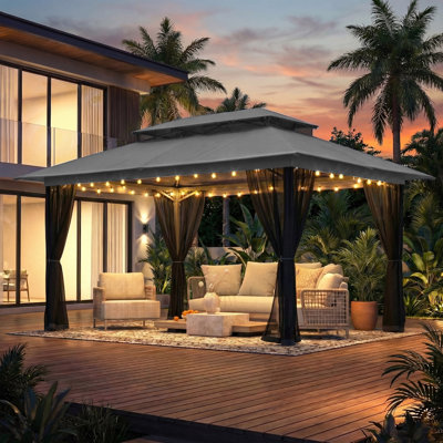 Pavillon de jardin extérieur 10 pi x 13 pi avec moustiquaire - auvent en métal à double toit pour patio, cour, jardin, terrasse et pelouse, structure robuste, gris