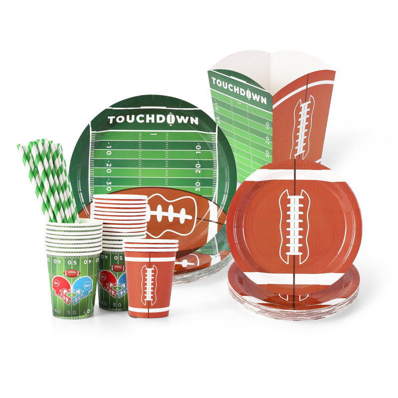 Football Party Decoration Kit, Superbowl Theme Tableware Set Included Plates Cups Straws and Buckets, 125 Pcs Sports Disposable  Dinnerware Set for Birthday Party (25 Guests)
