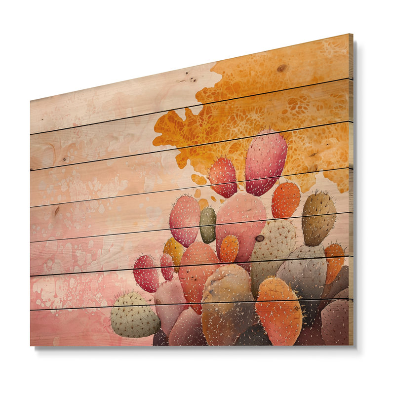 Velvet Pulse Of Cactus II - Art mural traditionnel en bois sur bois de pin naturel, H 24 po x l 32 po