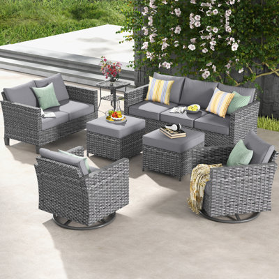 Lovall Wood Premium All-Weather Wicker 7 - Person Patio Conversation Set with Cushions