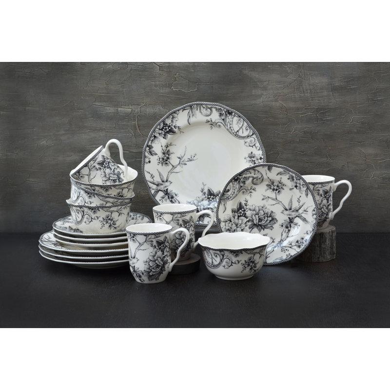 Adelaide 16 Piece Dinnerware Set, Service for 4, Black, Floral