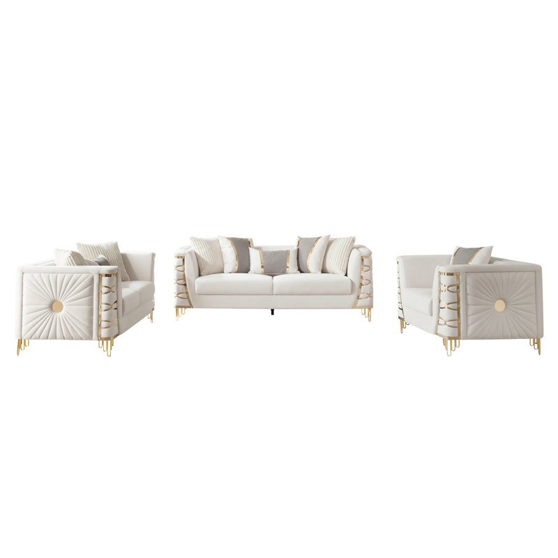Ensemble de meubles de salon Aurelia Modern Glam avec garniture en acier inoxydable doré, sièges à ressorts ensachés et coussins décoratifs assortis