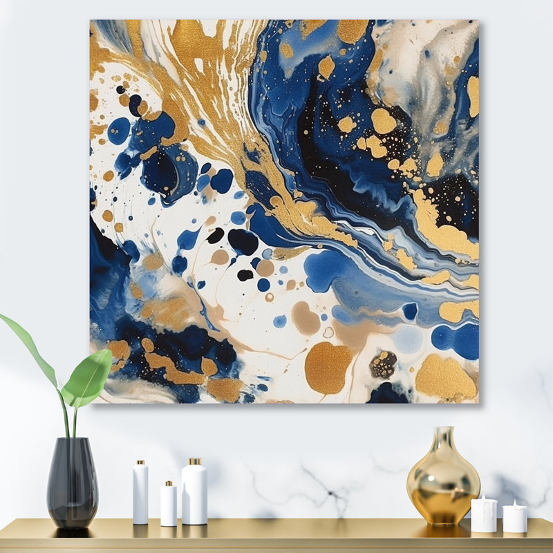 Motif abstrait avec des textures bleues et dorées en X - Impression de minimalisme sur métal, H 16 po x l 16 po x P 1 po