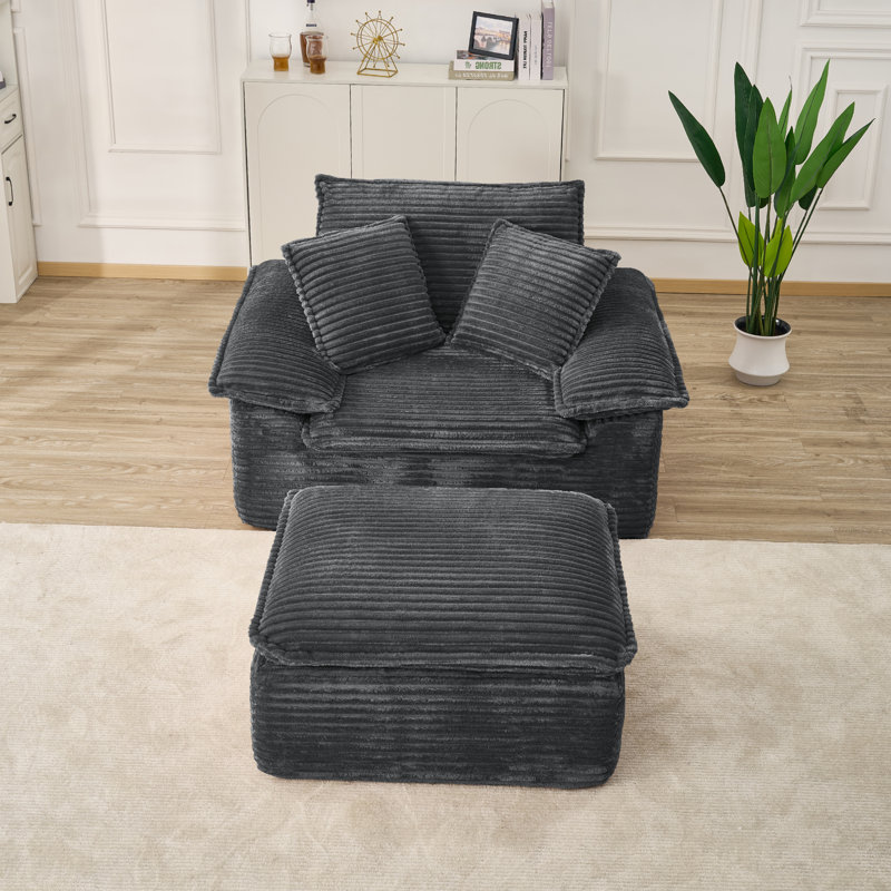 Compression Corduroy Chaise Lounge Chair with Ottoman, No Assembly Required, Gray