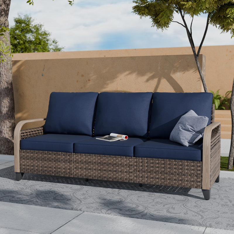 Jahtavious 77.6'' Wide Straight Wicker Patio Sofa with Cushions, Blue