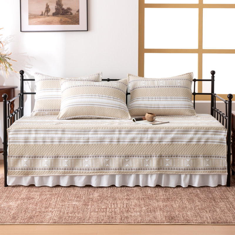 SLEEP ZONE 5 Pcs Daybed Cover Set - Khaki Boho Patchwork Woven Bedding Set with Bed Skirt & 3 Pillow Shams, Rustic Farmhouse Style, 75" x 39" All Season