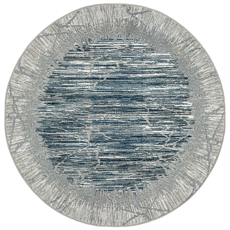 Tapis bleu Davide 1229 - motif transitionnel moderne, texture douce haute-basse, Rond 7 pi 10 po