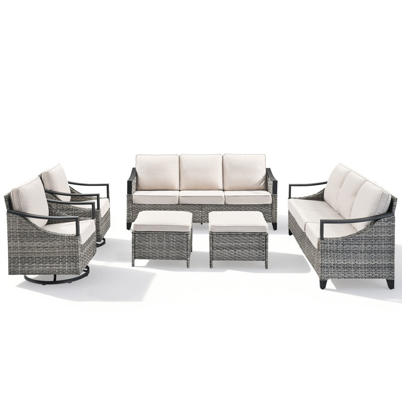 6-Piece Outdoor Rattan Backyard Family Iron Armrest Conversations Set With Ottomans And Swivel Chairs, Beige