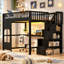 Lit mezzanine avec escalier de rangement, bureau intégré, étagères ouvertes, panneau de fenêtre décoratif, bande lumineuse DEL et port de chargement USB-662385428-662385430